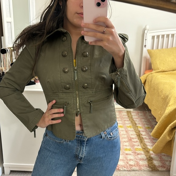 Y2K Juicy Couture Jacket M Military Cropped Button Front Zip Collar Army Green - Picture 14 of 14